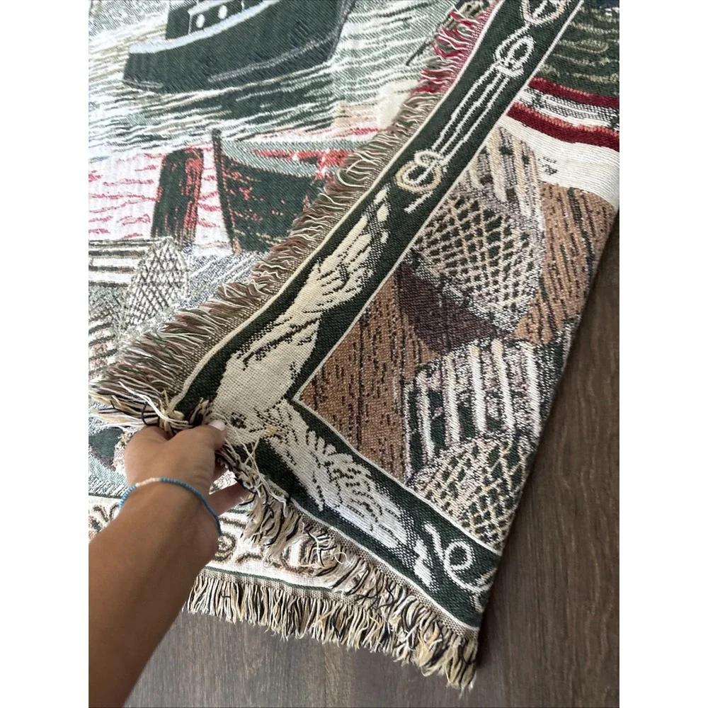 Goodwin Weavers Nautical Harbor Woven Tapestry Throw Blanket 100% Cotton USA
